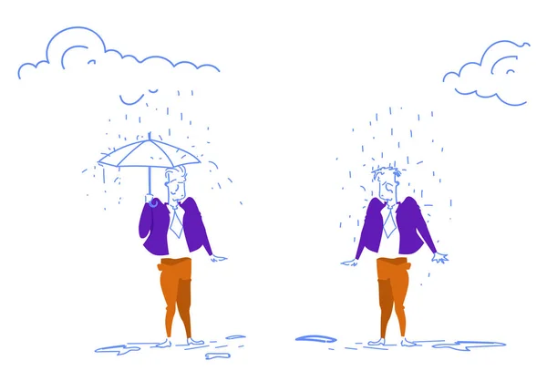 Businessman with umbrella protection man under rain unprotected business competition concept horizontal sketch doodle — Stock Vector