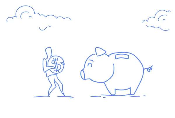 Geschäftsmann investiert Dollarmünze Sparschwein Geld Ersparnisse Wachstum Wohlstandskonzept horizontale Skizze Doodle — Stockvektor