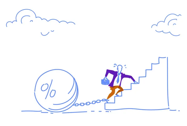 Zakenman keten gebonden been percentage credit schuld Financiën crisis concept zakenman klimmen ladder horizontale schets doodle — Stockvector