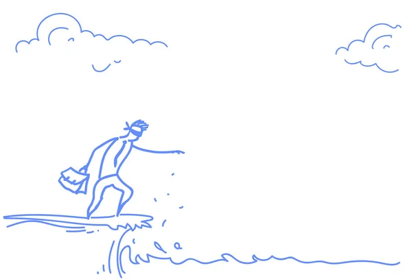 Empresário cego pé penhasco gap abismo crise risco conceito esboço doodle — Vetor de Stock