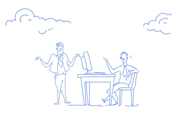 Affärsman som sitter skrivbord office arbetsplatsen chef och anställd kommunikation konceptet horisontella skiss doodle — Stock vektor