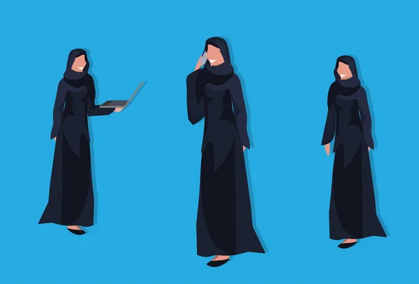 Arabic women group using laptop smartphone wearing traditional clothes black saree arab businesswomen female cartoon character avatar blue background flat full length horizontal — Stock Vector