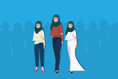 Arap iş kadınları birlikte kadın karikatür karakter avatar mavi arka plan düz tam uzunlukta yatay duran Arap kadınların geleneksel kıyafetleri şal