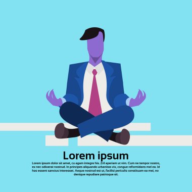 Lotus denge kavramı erkek çizgi film karakteri düz mavi arka plan kopya alanı çalışma konumda meditasyon rahat menekşe işadamı