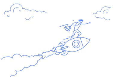 Fırlatma roketi yenilik başlangıç proje başarılı Strateji kavramı yatay kroki doodle uçan işadamı