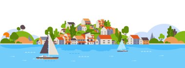 plaj sahil Adası üzerinde tekne evler otel arka plan deniz yat sahil yaz tatil kavramı düz yatay banner
