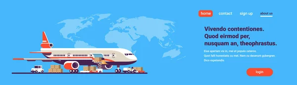 transport airplane express delivery preparing flight aircraft airport air cargo international transportation concept world map background copy space flat horizontal banner vector illustration