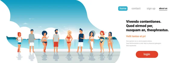 Menschen Gruppe Sonnenaufgang Strand Meer Hintergrund Team Urlaub Sommer Urlaub Konzept horizontal Banner kopieren Raum flach — Stockvektor