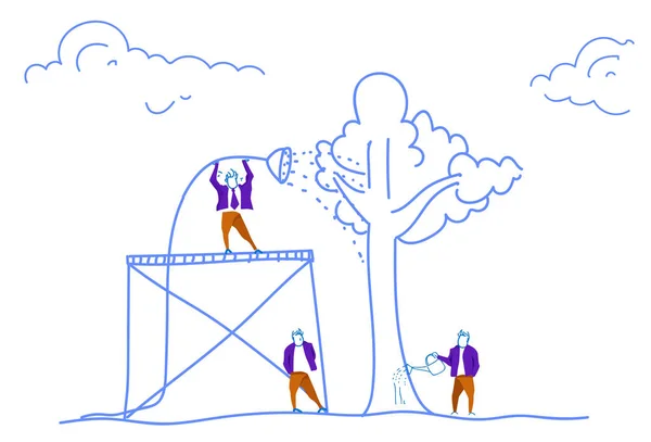 Бізнесмен полив дерева концепція зростання бізнесу майбутнього успіху команда робочого процесу ескіз каракулі горизонтальний — стоковий вектор