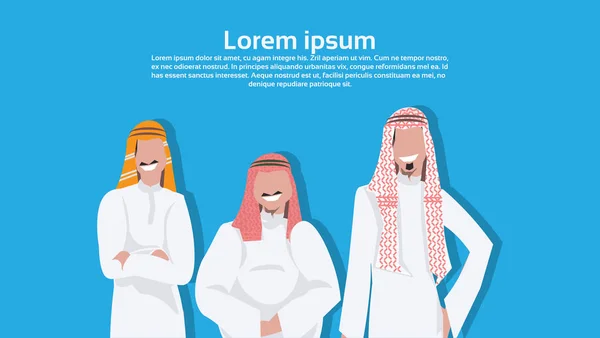 Arap iş adamları birlikte farklı vücut ayakta giyen geleneksel giysiler Arap işadamı erkek çizgi film karakter avatar yatay kopya alanı portre düz yazın — Stok Vektör