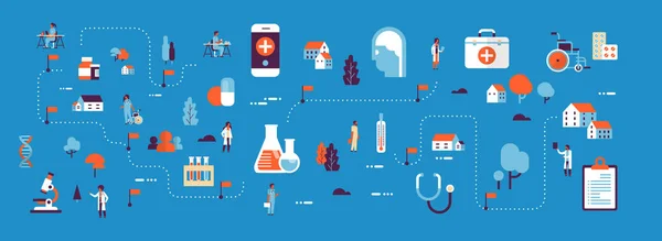 Medicina productos sanitarios medicina isométrica mapa concepto laboratorio equipo médicos y enfermeras carácter de dibujos animados horizontal bandera azul fondo plano — Vector de stock