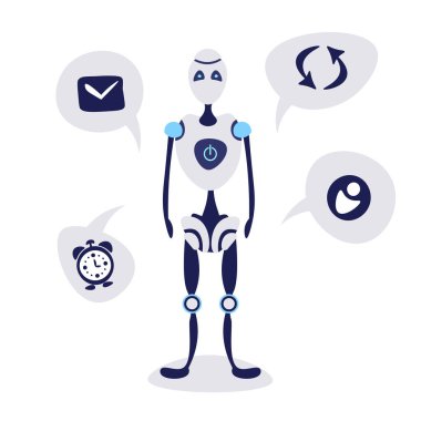 Modern robot sohbet kabarcık konuşma bot yardımcı yapay zeka kavramı çizgi film karakteri tam uzunlukta düz izole