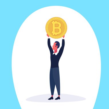 Bitcoin para incelemesi kripto para birimi kavramı adam çizgi film karakteri tam uzunlukta düz düz tutarak işadamı