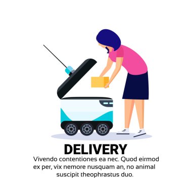 kadın kendini sürücü hızlı kutusu robot yükleme robot şehir otomobili teslim mal taşımak izole kavramı kopya alanı düz vektör çizim