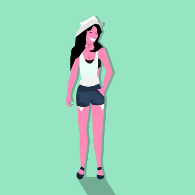 kadın esmer şapka el cep ayakta poz kadın karikatür karakter tam uzunlukta düz