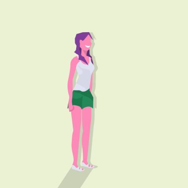 kadın kahverengi saç el cep ayakta poz kadın karikatür karakter tam uzunlukta düz