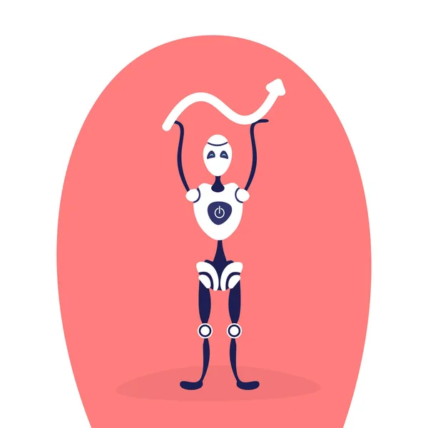 Robot moderno con flecha curva línea bot ayudante concepto de inteligencia artificial personaje de dibujos animados longitud completa plana — Vector de stock