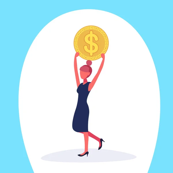 Empresária segurando dólar crescimento moeda riqueza conceito mulher desenho animado personagem comprimento total plana — Vetor de Stock