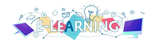 Archiviazione dati cloud e-learning concetto di educazione online schizzo banner orizzontale doodle — Vettoriale Stock