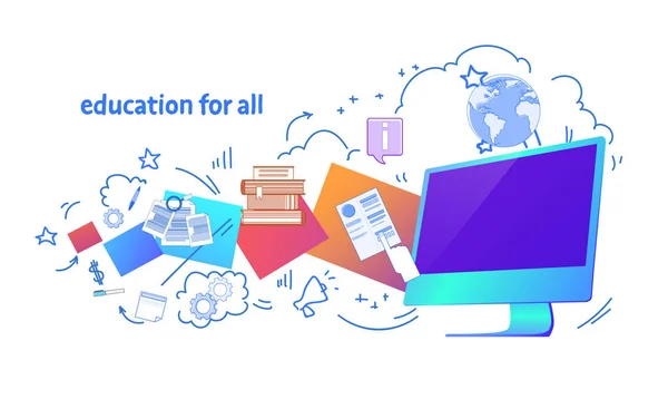 Tüm e-öğrenme kavramı bilgi veritabanı yatay banner kroki doodle için online eğitim — Stok Vektör