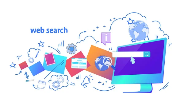 SEO zoekmachine zoeken online doorbladeren concept horizontale banner schets doodle — Stockvector