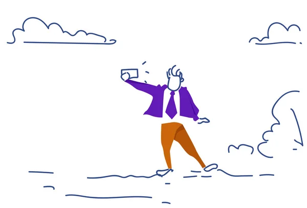 Beszél selfie fotó portré videohívás koncepció ember színes sziluettje vízszintes vázlatot doodle üzletember — Stock Vector