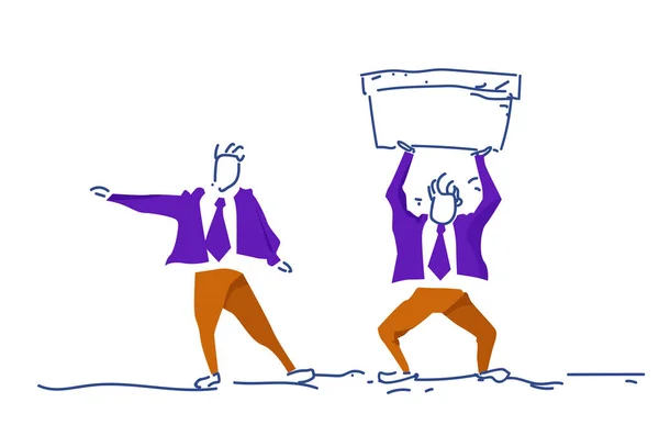 Επιχειρηματίας δείχνει κατεύθυνση άνθρωπος που κρατά λεκάνη νερό ισορροπία έννοια άνθρωπος χρωματιστό σιλουέτα σκληρά εργασίας ομάδας διαδικασία οριζόντια σκίτσο doodle — Διανυσματικό Αρχείο