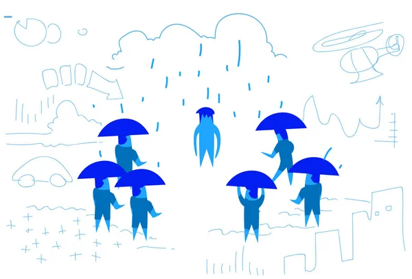 Équipe de gens d'affaires avec un collègue non protégé parapluie déçu concept hors-la-loi dur processus de travail croquis horizontal dessiné à la main — Image vectorielle