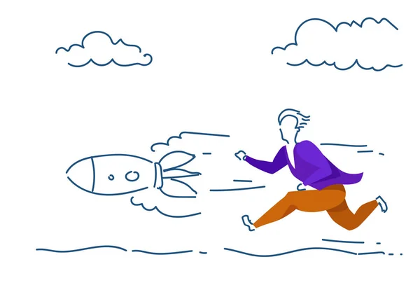 Empresário executando lançamento foguete startup conceito homem colorido silhueta estratégia de sucesso completo comprimento horizontal esboço doodle — Vetor de Stock