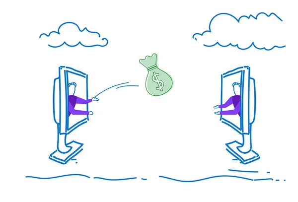 Dva podnikatelé hodil pytel online bankovnictví internetové platební převod peněz horizontální doodle skica — Stockový vektor