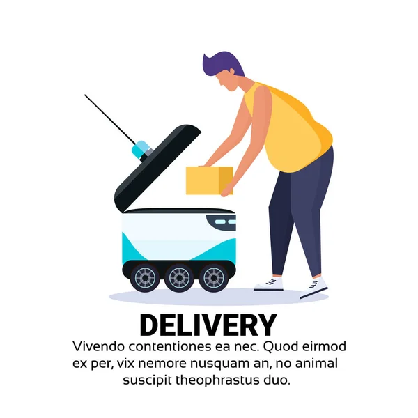 Uomo carico scatola robot self drive consegna veloce merci in città auto robot trasportare concetto isolato copia spazio piatto — Vettoriale Stock