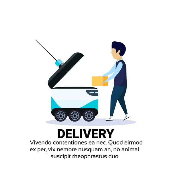 Ragazzo carico scatola robot self drive consegna veloce merci in città auto robot trasportare concetto isolato copia spazio piatto — Vettoriale Stock