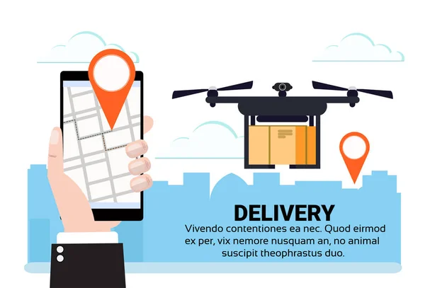 Mobile app drone flying deo tag delivery air package shipment carry quadrocopter navigation application cityscape horizontal flat copy space — Stock Vector