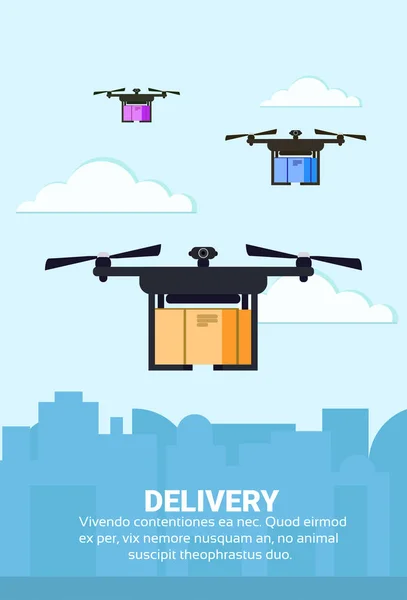 Drone flying delivery air package shipment carry quadrocopter cityscape background vertical flat copy space — Stock Vector