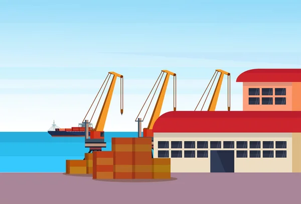 Industrial sea port freight ship cargo crane logistics container loading warehouse water delivery transportation concept international shipping seaside flat horizontal vector illustration