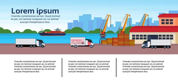 Porto marítimo industrial frete navio carga minivan guindaste logística negócio infográfico modelo de carregamento armazém entrega conceito transporte litoral plana horizontal banner cópia espaço —  Vetores de Stock