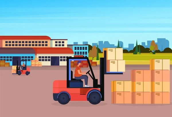 Carrello elevatore driver pala caricatore impilatore camion attrezzature magazzino concetto di consegna esterna orizzontale piatto — Vettoriale Stock