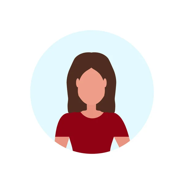 Mujer de pelo marrón avatar aislado marco redondo personaje de dibujos animados femeninos retrato plano — Vector de stock