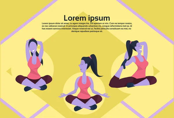 Vrouw doet yoga diversiteit oefeningen actieve levensstijl concept vrouwelijke cartoon platte kopie tekenruimte te gaan — Stockvector