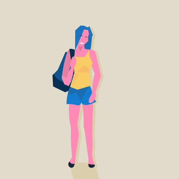 Femme tenant sac à dos pose debout personnage de dessin animé femme pleine longueur plat — Image vectorielle