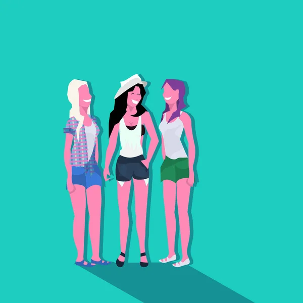 Frauen Freunde verschiedene Frisur zusammen stehend weibliche Zeichentrickfigur volle Länge flach — Stockvektor