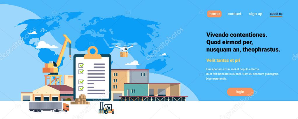 completed checklist clipboard crane semi trailer warehouse forklift machinery blue world map background international delivery industrial concept flat horizontal copy space