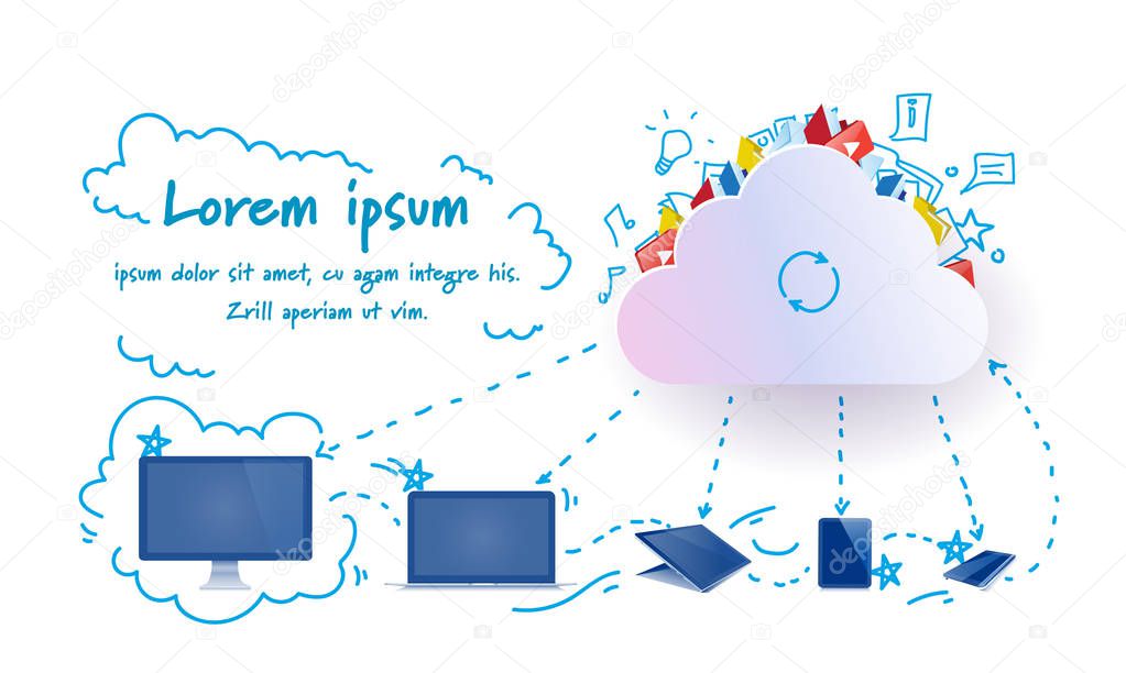 Cloud computing concept design diversity devices connected synchronization network data storage horizontal