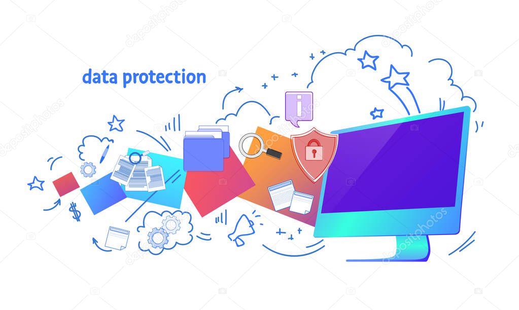 data protection shield padlock over synchronization computer General Data Protection Regulation GDPR security guard isolated horizontal vector illustration