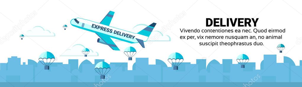 Package flying parachutes airplane unloading express fast parcel delivery service concept international shipping isolated horizontal banner copy space