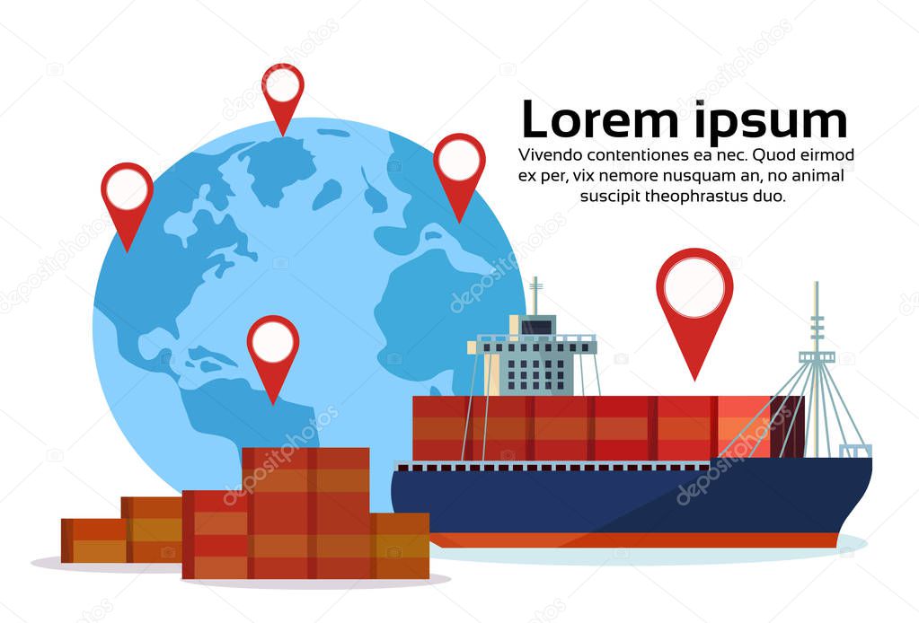 Industrial sea freight ship cargo logistics container world map geo tag navigation import export water delivery transportation concept international shipping isolated copy space flat horizontal