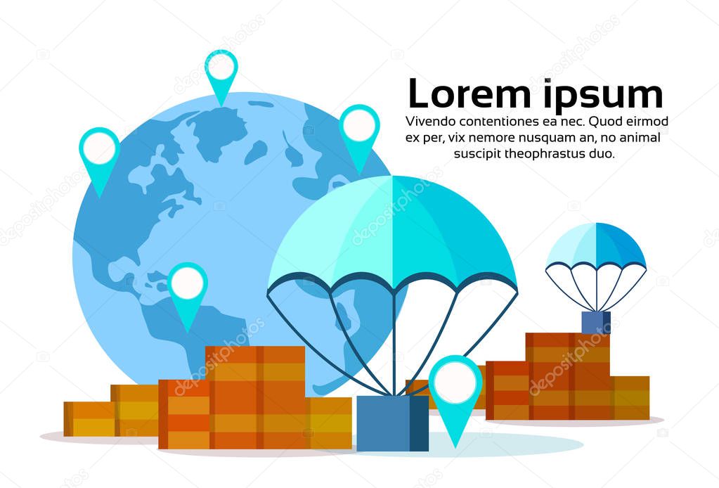 Package flying parachutes world map geo tag box fast parcel delivery service concept location international shipping isolated copy space
