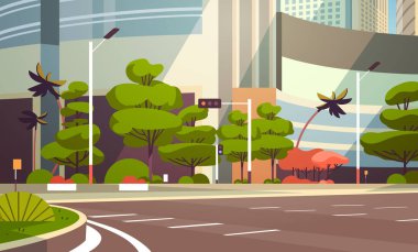 Şehir boş sokak gökdelen binalar yol görünümü modern cityscape downtown yatay düz boş