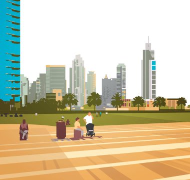 insanlar yürürken, insanlar kavramı gökdelen bina cityscape modern relax arka plan üzerinde düz
