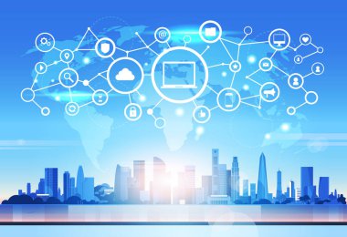 Dünya harita dizüstü bilgisayar simgesini veritabanı bulut güvenlik ağ futuristik bir arayüze veri gizlilik bağlantı kavramı manzarası günbatımı cityscape arka yatay düz